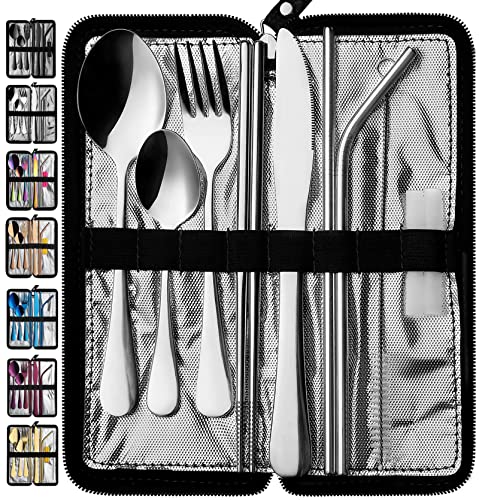 VANDBAO Portable Travel Utensils, Reusable Silverware with Case for Fixing Tableware, 9 Pieces Stainless Steel Stable Flatware Set, Camping Picnic Cutlery Set (Silver Set) - color: Silver Set, size: 9 Pieces - Medium