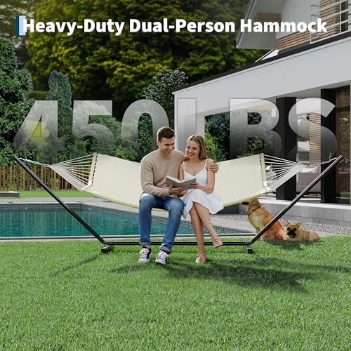 2 Person Double Hammock with Adjustable Steel Stand & Pillow, Heavy Duty Portable Outdoor Hammock Set, MAX 450 LBS Weight Capacity for Patio, Garden, Beach, Backyard - color: V-off-white