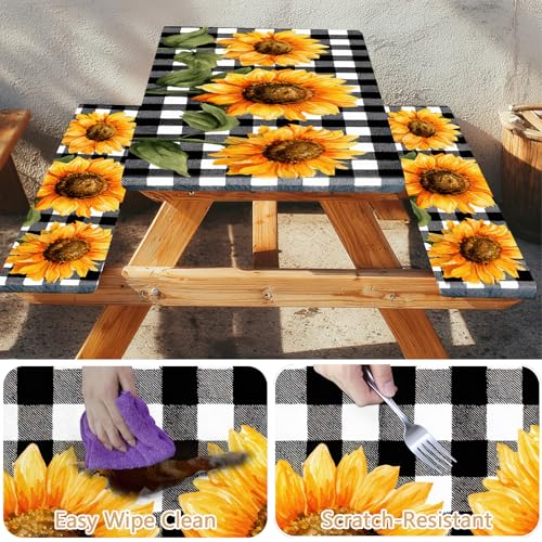 Picnic Table Cover with Bench Covers Elastic Edges, Outdoor Patio Camping Essentials 72 Inch 3PCS, Waterproof Camping Fitted Tablecloth with Handbags (Sunflower buffalo plaid) - color: Black checkered sunflowers