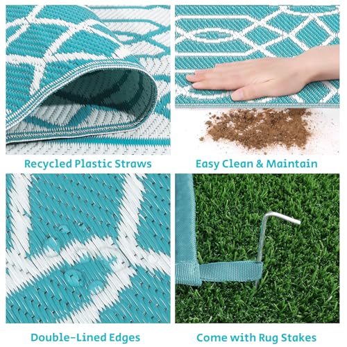 HEBE Outdoor Rug Waterproof 6x9, Reversible Plastic Straw Rug RV Camping Rug, Indoor Outdoor Patio Mat Clearance, Outside Carpet for Porch,Deck,Camper,Balcony,Backyard,Picnic - color: Line/Teal, size: 6' x 9' (Rectangular)