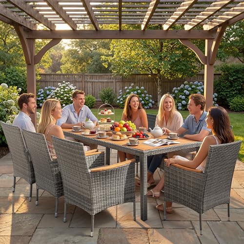 Devoko Outdoor Patio Dining Sets 9 Pieces Wicker Outdoor Dining Table and Chairs Set with Acacia Wood Table Top and Widened Armrests for Backyard, Garden, Deck (Grey) - color: Grey, style: 9 Piece Dining Set
