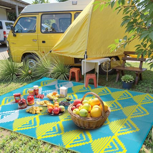 Lahome Outdoor Rugs 8x10 Waterproof, Reversible Plastic Large Outdoor Rug for Patios, Outside RV Mat Carpet for Deck Porch Backyard Balcony Picnic Trailer (Blue/Yellow, 8' x 10') - color: Blue/Yellow/Checkered, size: 8'x10'