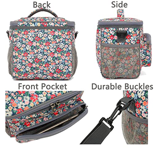 FlowFly Insulated Reusable Lunch Bag Adult Large Lunch Box for Women and Men with Adjustable Shoulder Strap,Front Zipper Pocket and Dual Large Mesh Side Pockets,Floral - color: Floral