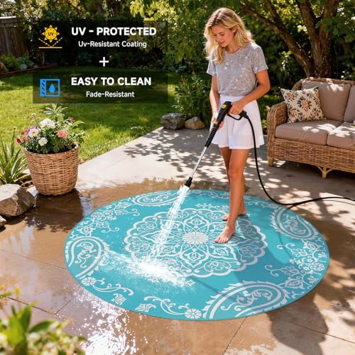 Pauwer Waterproof Outdoor Rug 6ft, Reversible Plastic Straw Patio Camping Rug, Indoor Outdoor RV Mat Carpet for Deck, Camper, Porch, Balcony, Backyard, Picnic, Boho Teal - color: Boho Teal, size: 6' (Round)