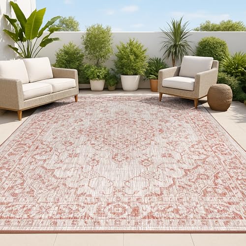 JONATHAN Y Boho Medallion Indoor Outdoor Area Rug 5X8 Red/Taupe, Rozetta Textured Weave for Backyard, Patio, Porch, Easy-Cleaning, High Traffic, Pet-Friendly, Non-Shedding (SMB102A-5) - color: Red/Taupe, size: 5'3" x 7'7" (Rectangular)