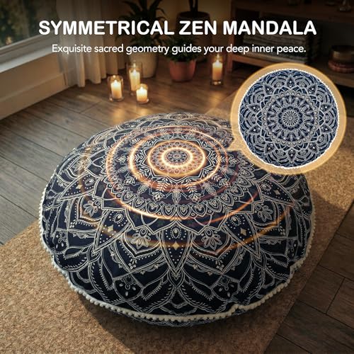 Codi Meditation Cushion for Adults Set of 2-32" Large Floor Pillow with Supportive Shredded Memory Foam - Round Zabuton with Washable Cover, Bohemian Mandala Seating for Yoga and Mindfulness, Black - color: Black, size: 2 Count (Pack of 1)