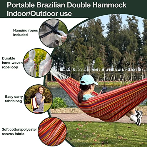 JoyView Brazilian Double Hammock with Hanging Ropes Extra Large 86.6x59” Portable Cotton Hammock for Patio Backyard Porch 450LBS Weight Capacity Perfect for Outdoor/Indoor - Blue & Green Stripes - color: Blue & Green Stripes