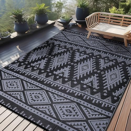 OLANLY Outdoor Rug Waterproof 9x12 ft, Reversible Outdoor Plastic Straw Rug, Boho Patio Rug, Indoor Outdoor Carpet, RV Mat Outside for Patio, Camp, Picnic, Balcony, Deck, Backyard, Black & Grey - color: Black & Grey, size: 9' X 12' (Rectangular)
