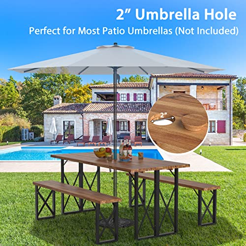 Giantex Outdoor Picnic Table Set with 2 Benches, Acacia Wood Patio Dining Set for 6 or 4 Persons, with 2” Umbrella Hole, 67” Large Rectangular Camping Table for Garden Lawn Yard 800 Lbs Capacity