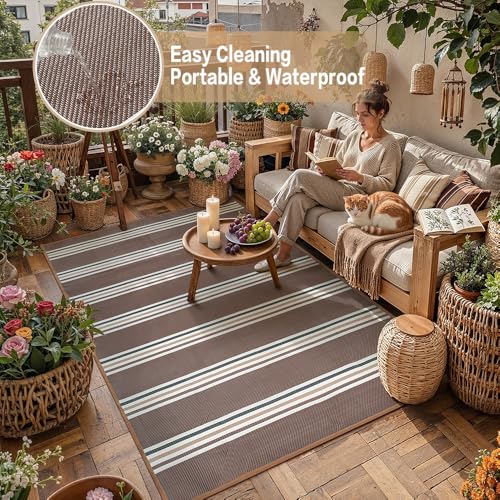 PureCozy Outdoor Waterproof 6x9 Rug for Patio Reversible Plastic Straw Brown Striped Camping Mat Outside Lightweight Large Floor Mat for RV Deck Beach Balcony Picnic Backyard Entry Porch - color: Stripe | Brown, size: 6' x 9' (Rectangular)