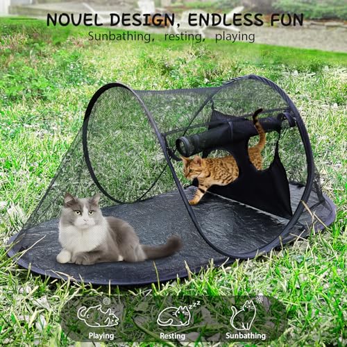 Tailtastic Outdoor Cat Tent with Removable Interactive Fabric,Outdoor Cat Enclosures for Indoor Cats, Portable Pet Playpen Ideal for Hiking, Traveling, and Sunbathing-Black