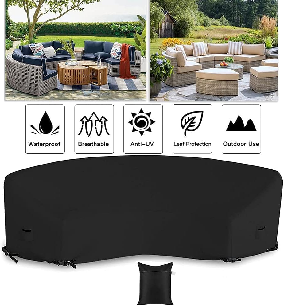 Curved Sofa Cover Outdoor Couch Sectional Protector Waterproof Half Moon Sofa Set Cover with Windproof Elastic Cord for Garden Lawn Indoor Black (89.7x45.6x33.8in/228x116x86cm) - size: 89.7x45.6x33.8in/228x116x86cm