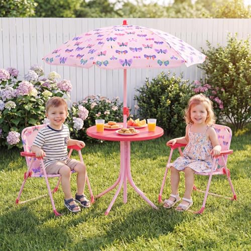 Costzon Kids Picnic Table, Kids Outdoor Table with 2 Folding Chairs, Height Adjustable Umbrella, Portable Children Outdoor Furniture for Patio, Garden, Backyard (Pink Butterfly) - color: Pink Butterfly