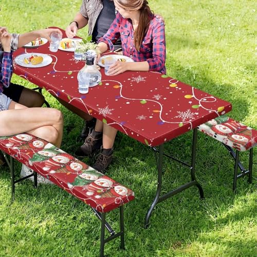 3 PCS Fitted Picnic Table Cover with Bench Cover Fitted Rectangle Tables and Seats Christmas Lights Snowmen Outdoor Picnic Table Cover for Camping - color: Christmas Lights and Snowmen, size: Small