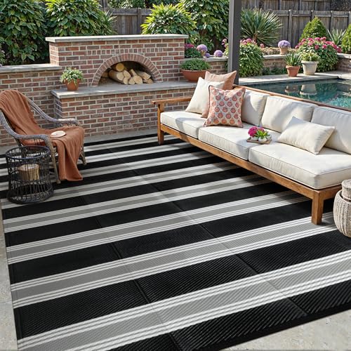 Lahome Striped Outdoor Rug 8x10 Patio Waterproof, Reversible Outdoor Plastic Straw Rug for Camping, RV Patio Rugs Outside Large Carpet for Porch Deck Backyard Picnic(Black/Grey,8'x 10') - color: Black/Multi, size: 8'x10'
