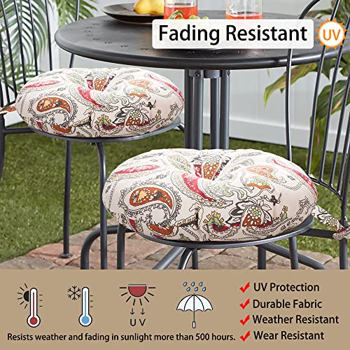 Magpie Fabrics Outdoor Round Bistro Seat Cushions with Ties, 15"x15"x4" Set of 2, Tufted Waterproof Barstool Chair Pads for Patio Home Garden Office, Paisley Beige Red - color: Paisley Red Beige