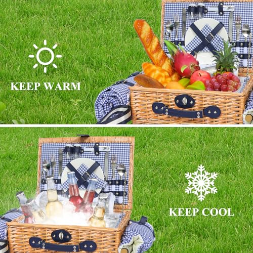 Picnic Basket for 2 with Blanket, Willow Picnic Basket Set with Shoulder Strap&Wine Pouch, Large Willow Hamper with Insulated Cooler for Outdoor, Camping, Beach, Couples, Wedding Gift - color: Blue and White Grid