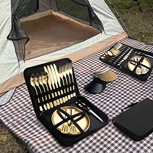 Picnic Dishes Utensils Gold Camping Flatware Set for 4 Portable Dinnerware Plates Silverware Forks Spoons knives Bottle Opener Food Tongs Complete Kit with Zipper Bag - size: 20, style: Gold Camping Flatware