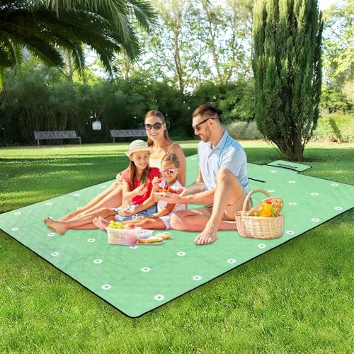 Cute Large Picnic Blanket 79"X60" Foldable Waterproof Outdoor Beach Picnic Mat Rug Sand Proof Compact & Portable Cozy Blanket for Camping Lawn Grass Hiking Concerts Tent Indoor Play Mat, Green Daisy - color: Green Daisy