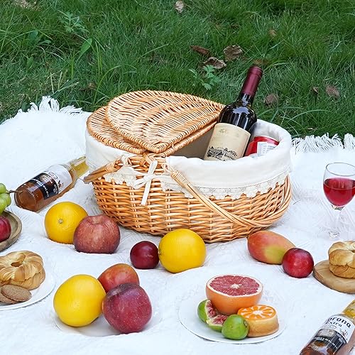 Wicker Picnic Basket with Removable Liner, Empty Picnic Baskets with Lid, Vintage-Style Picnic Hamper with Folding Woven Handle for Picnic, Camping, Outdoor, Halloween, Thanks Giving, Birthday (Cream) - color: Cream Liner W/Willow Lid