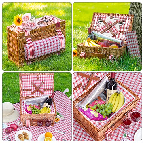 Wicker Picnic Basket for 2 with Large Insulated Cooler Compartment and Waterproof Picnic Blanket, Cutlery Service Kits, Wicker Picnic Hamper for Camping, Valentine Day,Thanks Giving,Birthday(Red) - color: Red Check