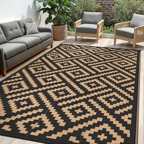 sarben Outdoor Rug for Patio - Waterproof Plastic Straw Camping Rugs 6x9 ft, Reversible Outdoor Indoor RV Mat Carpet for Patio, Porch, Deck, Balcony, Picnic, Beach, Black Brown - color: Black&brown, size: 6' x 9' (Rectangular)