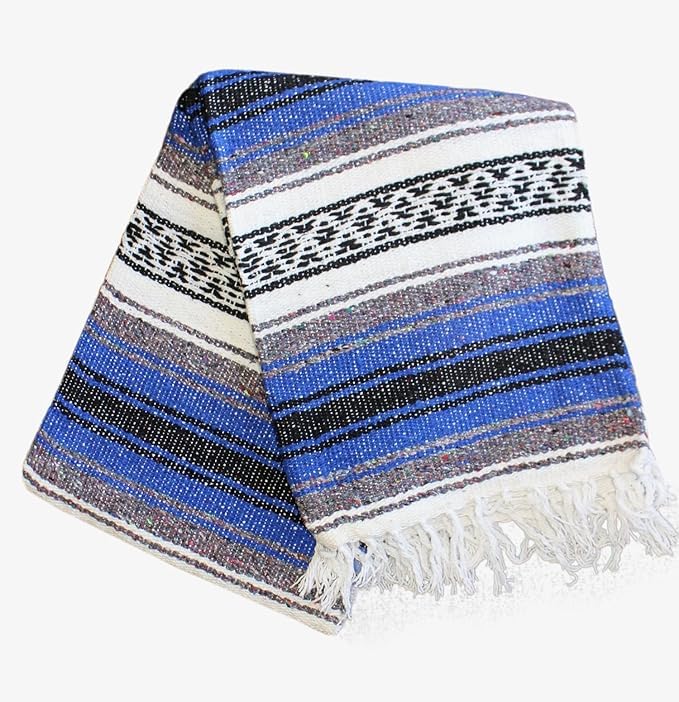 Del Mex Classic Mexican Blanket, Large Authentic Woven Falsa Throw (70"x50"), Artisan Southwest Décor for Beach, Yoga, Outdoors (Blue) - color: Blue