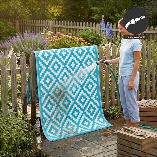 FH Home Outdoor Rug - Waterproof, Fade Resistant, Reversible - Premium Recycled Plastic - Geometric - Large Patio, Deck, Sunroom, Camping, RV - Aztec - Teal & White Crease Free - 6 x 9 ft - color: Aztec - Teal & White, size: 6' x 9' (Rectangular)