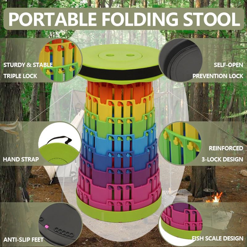 JAEMEYEM Collapsible Stool Chair, Upgraded Folding Stool for Adults Lightweight, Sturdy, Adjustable, Portable, Foldable Seat Sturdy Stools for Outdoor Camping Fishing Hiking Gardening BBQ - color: Green Rainbow, size: 1 pack