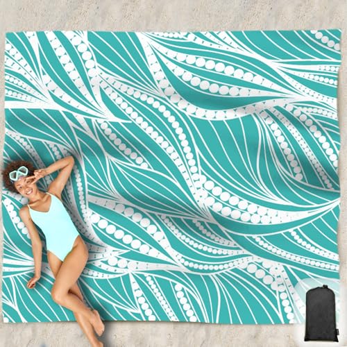 Beach Blanket Waterproof Sandproof Oversized 95”x 80”,Sand Free Beach Mat with Corner Pockets,Portable Mesh Bag (WaveBeaded-Turquoise)
