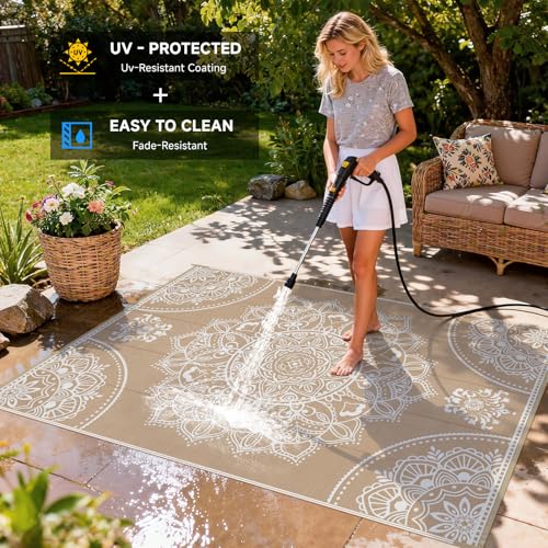 Pauwer Waterproof Outdoor Rug 6x9, Reversible Plastic Straw Patio Camping Rug, Indoor Outdoor RV Mat Carpet for Deck, Camper, Porch, Balcony, Backyard, Picnic, Floral Brown - color: Floral Brown, size: 6' x 9' (Rectangular)