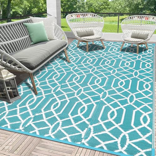 HEBE Outdoor Rug Waterproof 5x8, Reversible Plastic Straw Rug RV Camping Rug, Indoor Outdoor Patio Mat Clearance, Outside Carpet for Porch,Deck,Camper,Balcony,Backyard,Picnic - color: Line/Teal, size: 5' x 8' (Rectangular)