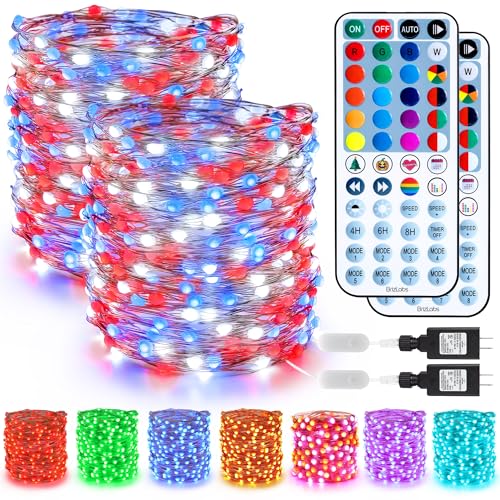 BrizLabs Fairy String Lights - 2 Pack 66ft 200 LED Color Changing Fairy Lights with Remote, Plugin Red White Blue Twinkle Light Rainbow Firefly Starry Light for Xmas Tree Halloween July 4th Easter - color: 2 Pack 200 LED Adapter