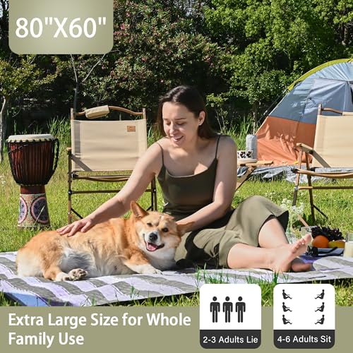 HX&OD Outdoor Picnic Blanket Extra Large, 80''*60'' Waterproof Picnic Mat with Stakes Foldable Camping Blanket Portable with Carry Strap for Beach Mat (Green& White, 80''*60'') - color: Green& White, size: 5' x 6'8" (Rectangular)