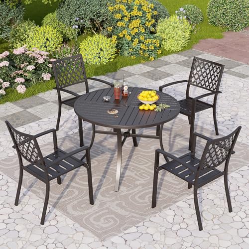 PHI VILLA 5 Pieces Outdoor Round Dining Set for 4, Metal Steel Circle Table with Umbrella Hole & Stacking Wrought Iron Chairs, Modern Furniture Set for Patio, Deck, Backyard, Porch - color: Net Back Chair, size: 5PCS-42" Round Table