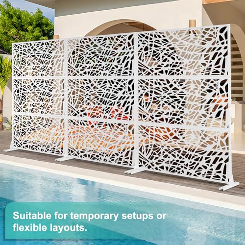 Modern Metal Privacy Screen, Patio Outdoor Privacy Panels with Stand, Freestanding Outdoor Divider for Yard, Deck＆Garden(71.3"*47.3"*15.7") - color: White,Leaf Vein