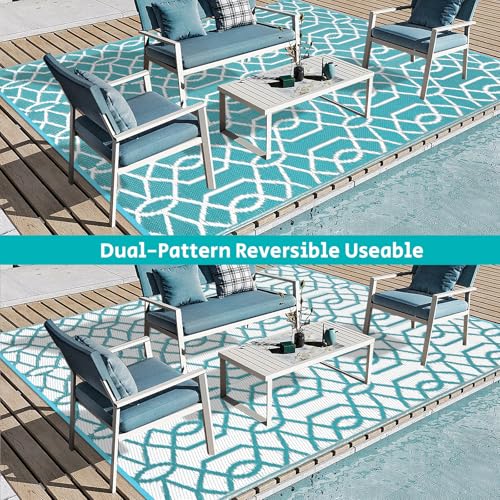 HEBE Outdoor Rug Waterproof 6x9, Reversible Plastic Straw Rug RV Camping Rug, Indoor Outdoor Patio Mat Clearance, Outside Carpet for Porch,Deck,Camper,Balcony,Backyard,Picnic - color: Line/Teal, size: 6' x 9' (Rectangular)