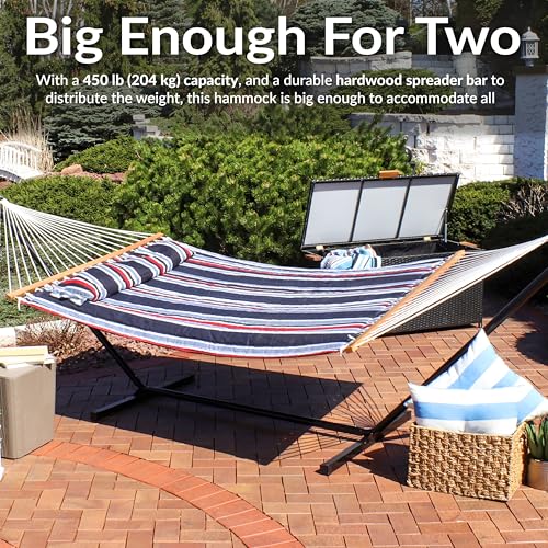 Sunnydaze Quilted Double Hammock for Outside with Spreader Bars and Pillow - 450 lb Capacity, 74x55 Inch Bed, UV Resistant, Quick Dry - Chains Included, Stand Sold Separately - Nautical Stripe - color: Nautical Stripe