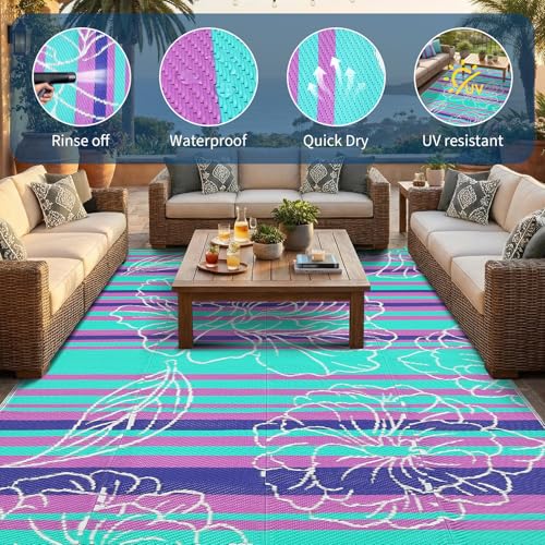 Garvee 6x9 Outdoor Waterproof Rug, Floral Outdoor Area Rug，Reversible Plastic Straw Patio Rug, Portable Camping Mat for RV, Picnic, Beach, Balcony, Garden & Camping Purple&Blue - color: Purpleblue, size: 6' x 9' (Rectangular)