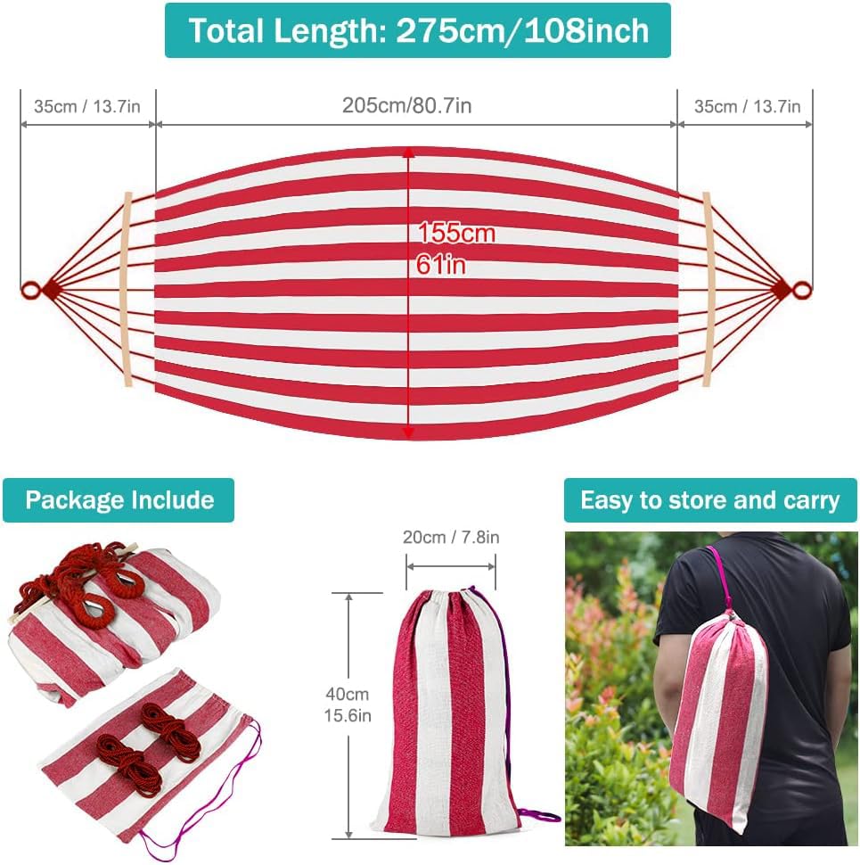 MOSFiATA Hammocks Portable Camping Hammock Upgraded 550lb Thickened Fabric Single Hammocks with Two Anti Roll Balance Beam and Tree Straps for Camping, Patio, Backyard, Outdoor(Red White) - color: Red White