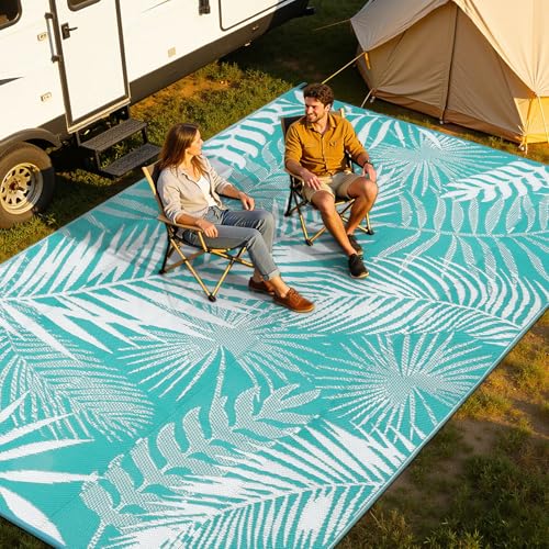 9x18ft Outdoor Rug for Patios, Reversible RV Outdoor Rug, Waterproof Straw Plastic Large Outdoor Mat for Camper, Picnic, Backyard, Deck, Balcony, Porch - color: Teal Blue, size: 9' x 18' (Rectangular)