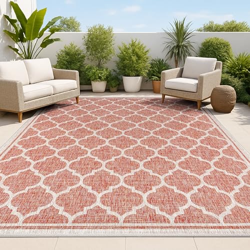 JONATHAN Y Moroccan Trellis Indoor Outdoor Area Rug 3X5 Red/Beige, Trebol Textured Weave for Backyard, Patio, Porch, Easy-Cleaning, High Traffic, Pet-Friendly, Non-Shedding (SMB109C-3) - color: Red/Beige, size: 3'1" x 5' (Rectangular)