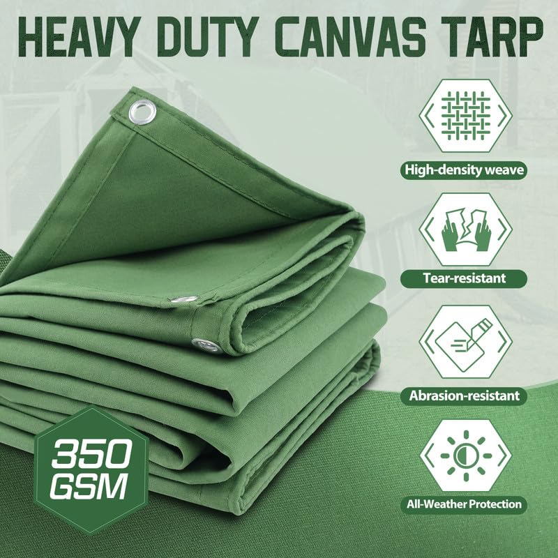 20x30 Canvas Tarp 350GSM Green Super Heavy Duty Canvas Tarps with Rustproof Grommets, 12 oz Durable & Multipurpose Outdoor Tarpaulin for Camping, Patio, Canopy Tent, Trailer Equipment & Woodpile Cover - size: 20x30