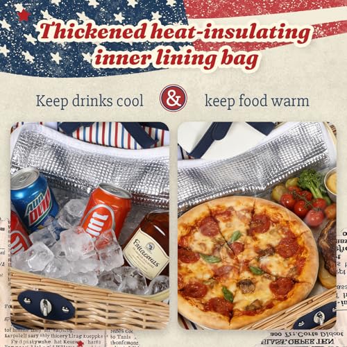 Wicker Picnic Basket for 2 with Waterproof Picnic Blanket and Insulated Bag Classic Red, White and Blue Stripes for Soccer Game, Camping, Travel, Birthday Gift, Wedding Gift - color: Red White and Blue Stripes