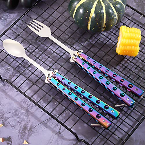 Flutesan 2 Pcs Butterfly Fork and Spoon Set, Tactical Butterfly Spoon Folding Stainless Steel Spork Utensil Set Balisong Trainer for Travel Camping Hunting BBQ Kitchen(Colorful) - color: Colorful
