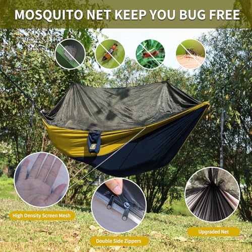 Camping Hammock with Net,Travel Portable Lightweight Hammocks with Tree Straps and Solid D-Shape Carabiners,Parachute Nylon Hammock for Outsides Backpacking Beach Backyard Patio Hiking - color: Navy Blue & Yellow, size: Large