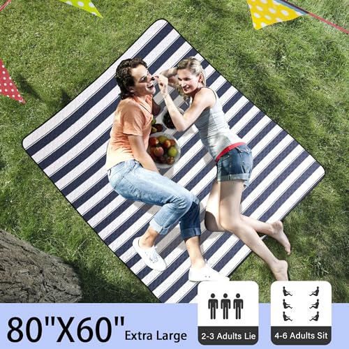HX&OD Outdoor Picnic Blanket Extra Large, 80”x60” Waterproof Picnic Mat Foldable Camping Blanket Portable with Carry Strap for Beach Mat (Bule) - color: Blue&white, size: 80 x 60 inches