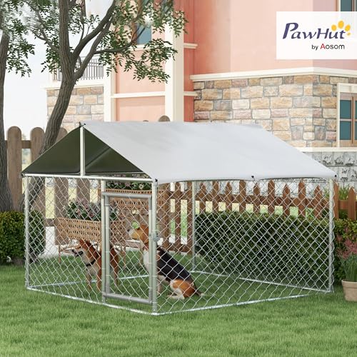 PawHut Outdoor Dog Kennel, Heavy Duty Dog Run Outdoor Fence with Waterproof Cover, Galvanized Chain Link, Secure Lock, for Large Breeds, Chickens, Ducks, 6.5' x 6.5' x 5' - size: 78.7"L x 78.7"W x 59.1"H