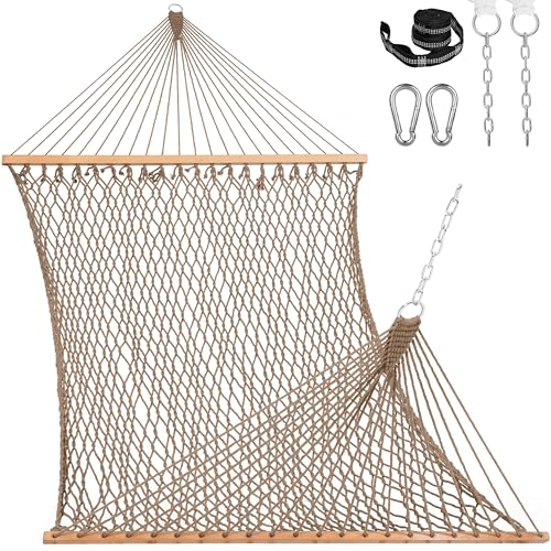 Lazy Daze Hammocks 12FT Double Rope Hammocks, 2 Person Hand Woven Cotton Hammock with Spreader Bar, Carabiner, Tree Strap, Chain for Outside, FIT 13-15 FT Stand, Max 450 Lbs, Brown - color: Brown