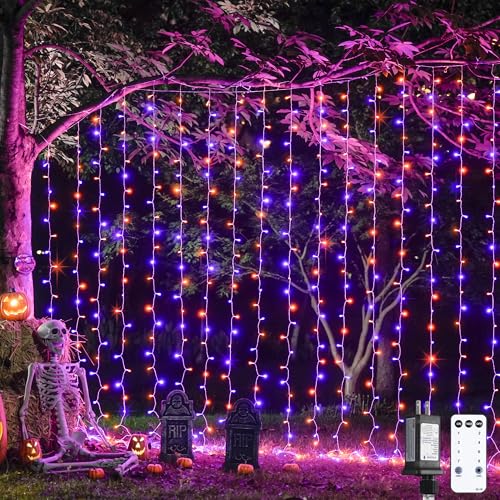 JMEXSUSS 300LED Orange and Purple Halloween Curtain Lights with Remote, 9.8x9.8ft Window Twinkle Hanging String Lights Plug in, Halloween Lights for Bedroom Wall Party Backdrop Indoor Outdoor Decor - color: Orange and Purple, size: 300 LED